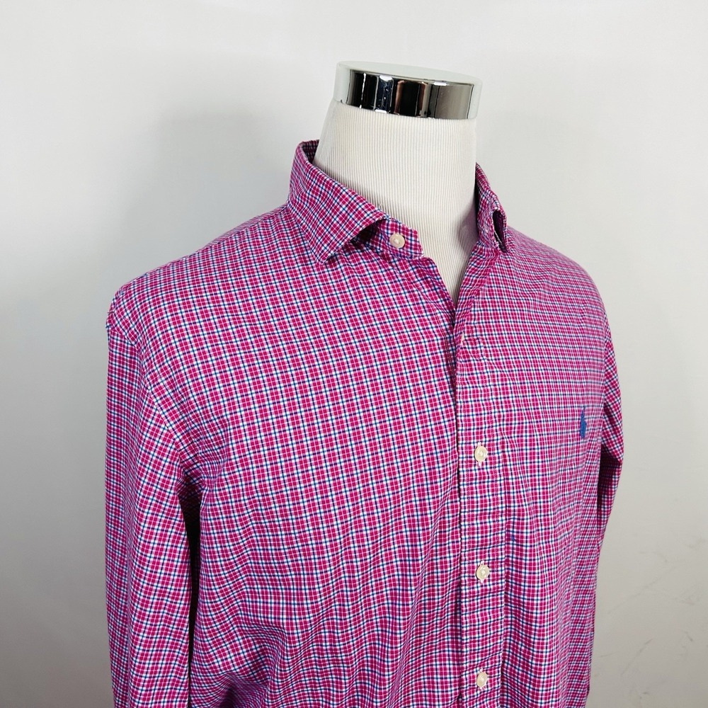 Polo Ralph Lauren XL 100% Cotton Stretch Shirt Pink Blue Plaid Button Front